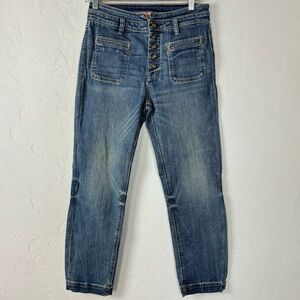 Free‎ People Jeans Denim High Rise Slim Pin Up Button Fly Dark Wash Solid Blue